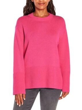 GAP Bright Hot Pink Cotton Knit Preppy 24/7 Crewneck Split Hem Chunky Sweater